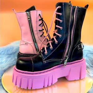 Dollskill Pink and Black Mismatched Platform Combat Boots size 7 BRAND NEW.